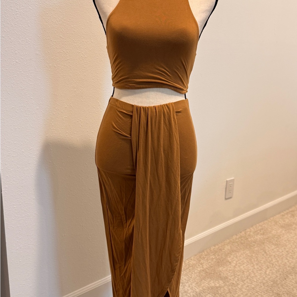 Chic Tan Halter Top and Skirt Set
